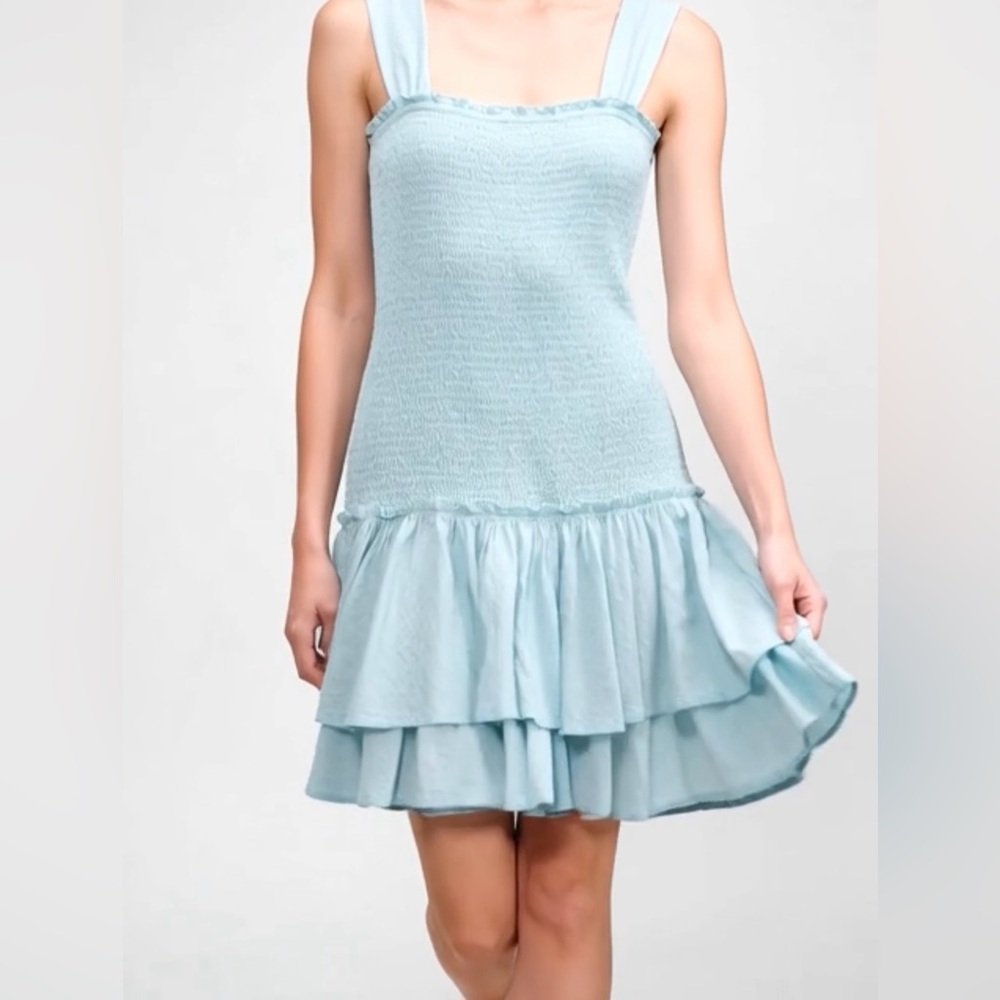 Light Blue Mini Dress - “Sunchaser Knit Smocked Drop Waist” - American Eagle